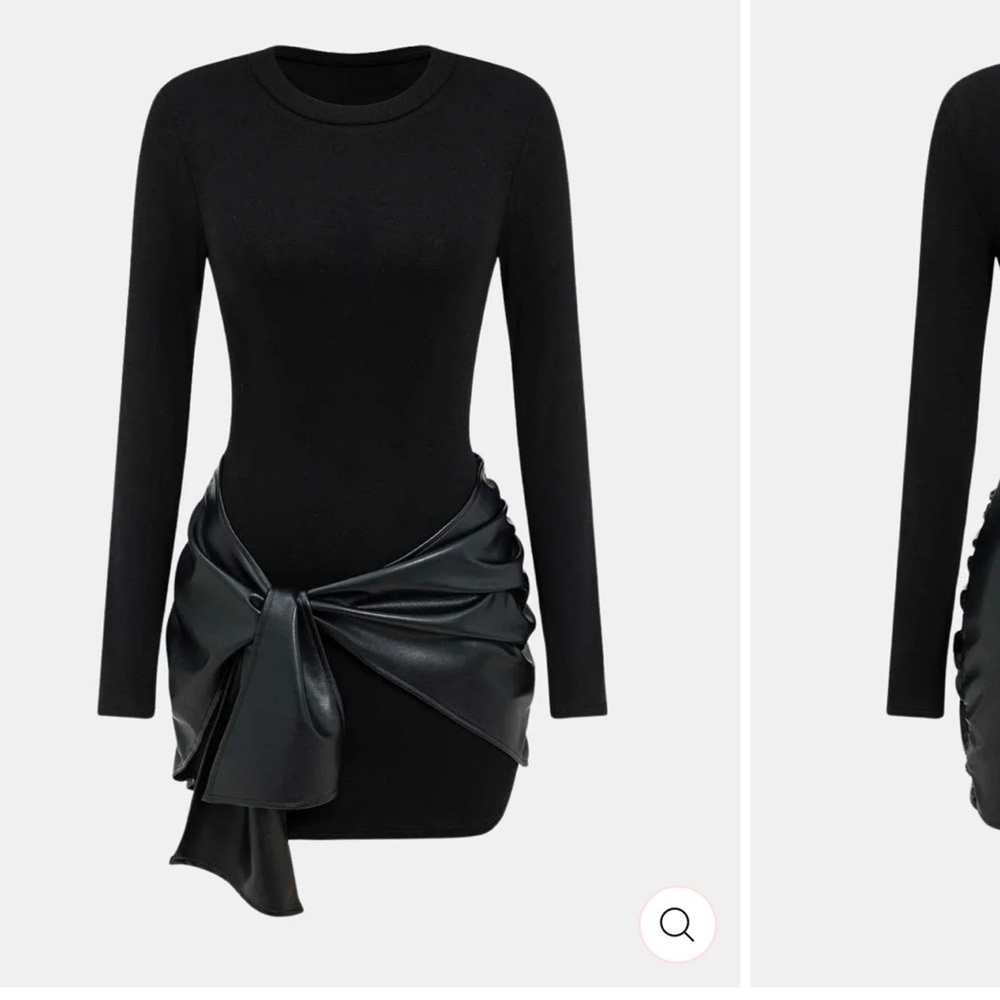 Chic Black Long Sleeve Dress with leather Accent